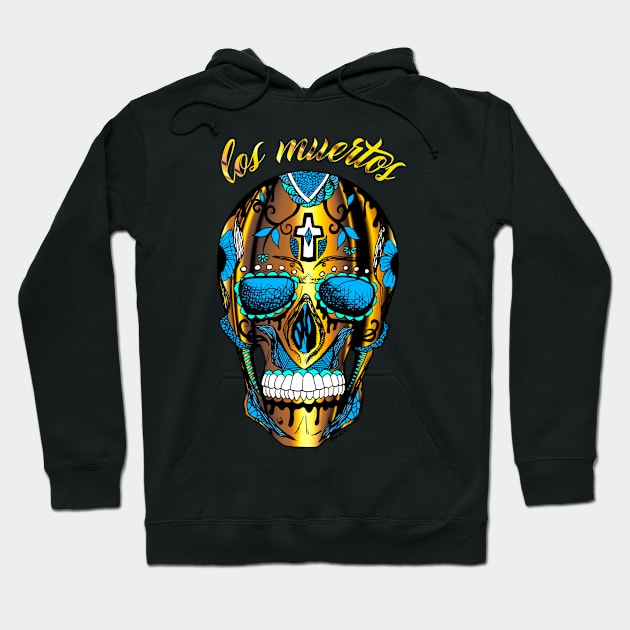 Los Muertos Sugar Skull - Gold and Blue Edition Hoodie by kenallouis
